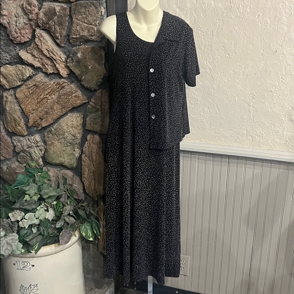 Black and Lavender Print Dress with Short Sleeve Overlay